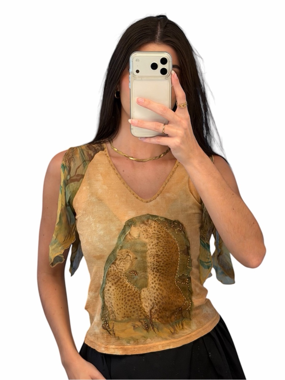 René Derhy Y2K Safari Cheetah Print Beaded Chiffon Sleeve Top Size M - Picture 3 of 8